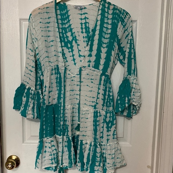 blue island Tops - Blue Island Blue Bell Sleeve Bathing Suit Cover with Ruffled Tie Front